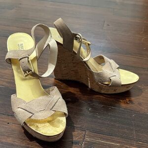 Michael Kors Taupe Suede Cork Wedge Sandals with Gold Buckle
